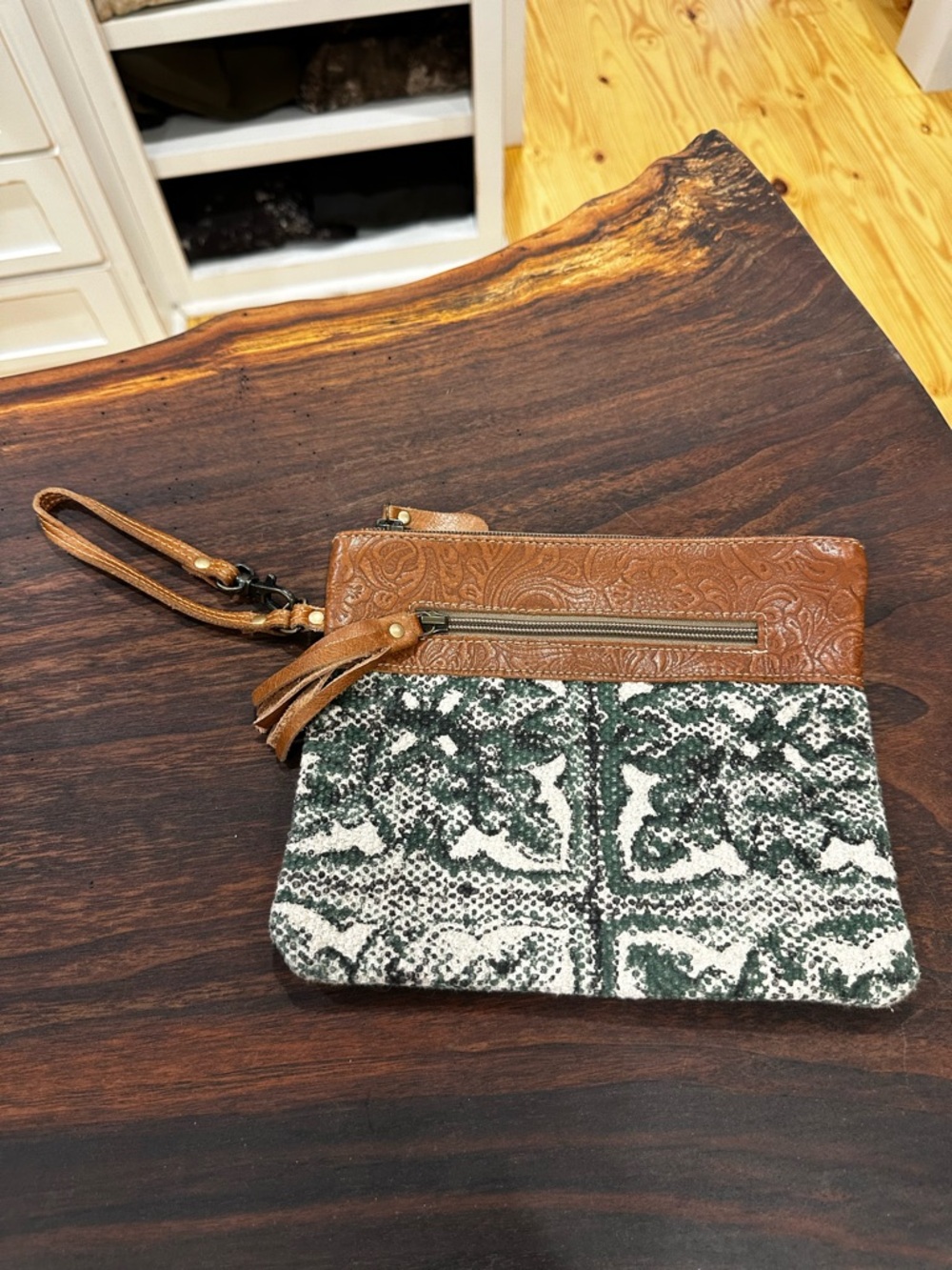 Myra Bag Brown Leather-Trim Green Patterned Wristlet